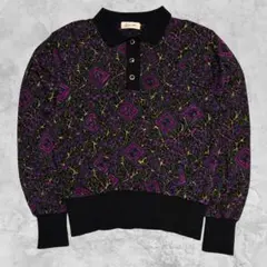 昭和レトロ✨ウール100% 総柄ニットポロ 幾何学模様 80,90s 雰囲気抜群