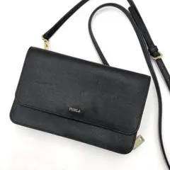 極美品 フルラ リーヴァＬ 2way ショルダーウォレットバッグ ロゴ 本革 黒
