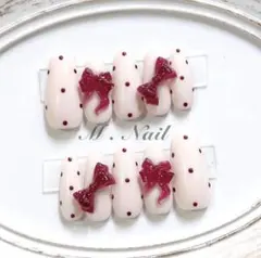 ネイルチップ フレンチガーリー リボン 赤 ドットネイル 量産型 韓国