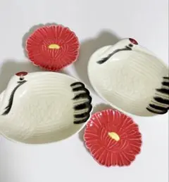 有田焼　鶴小皿　三つ足　豆皿　牡丹　赤　磁器　4枚セット