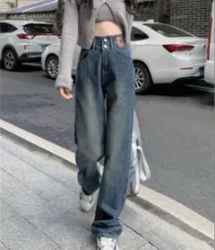 【新品未使用】ブルボタン パッチデザイン ハイウエスト ワイドストレートデニム