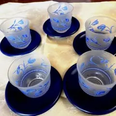 KAMEY 昭和レトロ　青い花柄 ガラスコップ５個　茶托５枚セット