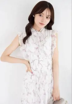 toccoリボン＆フリル付きウエストシャーリングリボンプリントプリーツワンピース