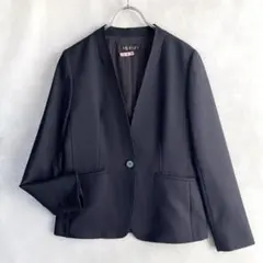 美品✨インディヴィ　洗える　1ボタン　ノーカラージャケット　Lサイズ40 紺