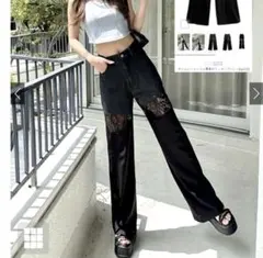 GRL 【 qu122】 レース切替ドッキングデニムパンツ Lサイズのサムネイル