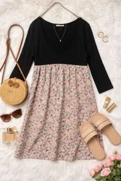 極美品☆シップスSHIPS花柄切替ワンピース黒上品M