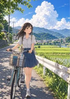 【イラスト】田舎道と女子高生 アートポスター