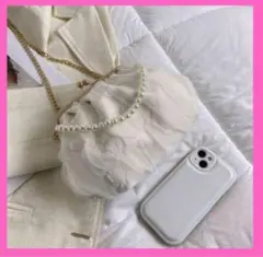 パーティバッグ　シフォン　白　結婚式　パール　がま口　クラッチホワイトショルダー