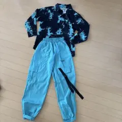 キッズ カーゴパンツ 青と黒のカラーブロック ダンス衣装