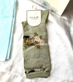 新品・未使用　PAUL & JOE 猫と花の刺繍ソックス　グリーン