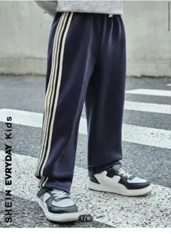 6y★shein★サイドライン裏起毛パンツ★ブルーネイビー紺★ジャージスウェット