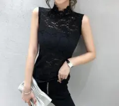 シアーレーストップス 黒XL ノースリーブ 花柄 上品