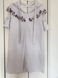 Lily Brown 刺繍チュールワンピース フリル レース ラベンダーグレー