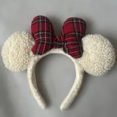 割引19日まで！！ミッキー型ボアカチューシャ 赤チェックリボン リボン部分手作り