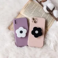 ポップソケット iPhoneケース　スマホグリップ　フラワー 白花　黒花