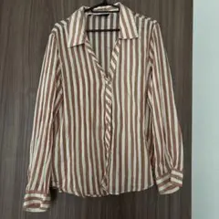 ZARA ブラウンとホワイトのストライプシャツ ストライプ柄 金ボタン透け感