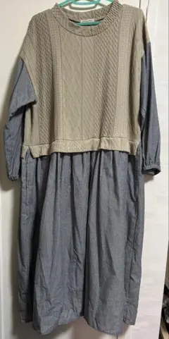 ニットとシャツのコンビネーションワンピース