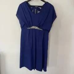 ネイビーブルーパーティードレス　ビジュー　エンパイア　バックリボン　Ｖネック