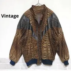 ヴィンテージ タイガー柄 ボンバージャケット レザー切替 刺繍 ブルゾンi580