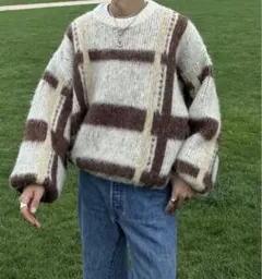 nugu チェックモヘアライクボリュームニット