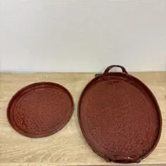 らんたい漆器　味わい深い茶色の丸盆　幾何学模様 箱付き らんたい漆器 味わい深い茶色の丸盆 幾何学模様 箱付き 工芸品