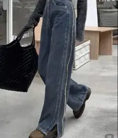 ダークブルー ワイドレッグ デニムパンツ　シーイン