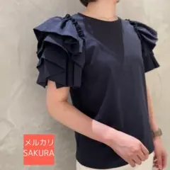 【未使用級】フリルスリーブカットソー（紺）　ブレンヘイム　エムプルミエ　midのサムネイル