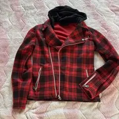 赤と黒のチェック柄ライダースジャケット Mサイズ