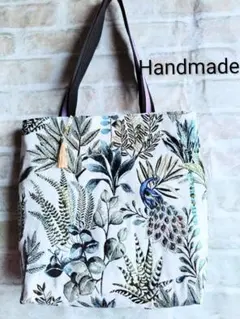 孔雀柄　植物柄ハンドメイドトートバッグ　タッセル付き　ジャガード織り