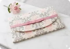ハンドメイド 袱紗 ピンクダマスク リボン付き ご祝儀袋ケース マスクケース