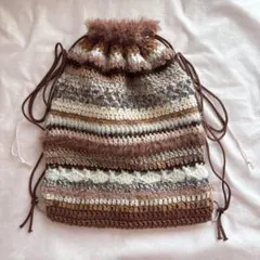 ハンドメイド　ナップサック　リュック　バッグ　編み物　y2k 1点もの　ブラウン
