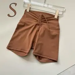 ヨガパンツ 3分丈 ショートレギンス ハイウエスト 美尻ヨガウェア ブラウンS