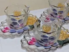 昭和レトロ曽我ガラス葡萄模様のガラスカップ・ソーサーセット3客セット