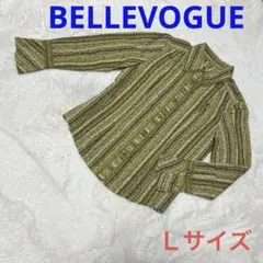 ち・ストライプ柄長袖シャツ カーキ系 カジュアルシャツ レトロデザイン　Ｌサイズ