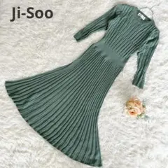 【Ji-Soo】ニットワンピース プリーツ Aライン ライトグリーン 韓国