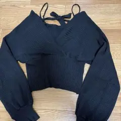 オフショルダーリブ編み長袖トップス 黒