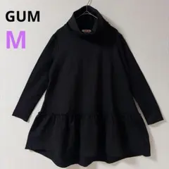 【GUM】チュニック　ワンピース　ハイネック フリル裾 　ペプラム　ブラック　M