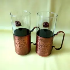 銅製ホルダー付きグラス2個セット ホットワイン、ウイスキー、コーヒー等