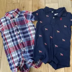 ラルフローレン　ポロシャツ　ロンパース　半袖　男の子　ベビー服　紺　チェック　馬