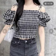 INGNI イング 肩リボンシャーリングチェック柄オフショルブラウス ネイビー