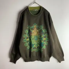 ニット　カーキブラウン　刺繍　パターン柄　レトロ　美品　古着