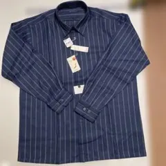 新品　ウール100%ネイビー ストライプ 長袖シャツ L Lサイズ