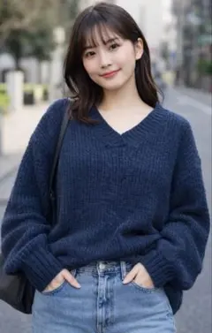 ネイビー 長袖ニット サイズF 100%アクリル