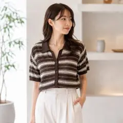 GU ボーダー柄 透かし編み 半袖ニット レディースサマーニット Sサイズのサムネイル