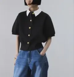 ADAM ET ROPE' サステナブル　カラー付きハーフスリーブカーディガン