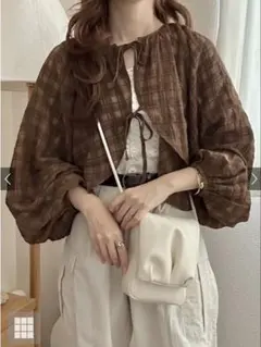 GRL チェック柄シアーダブルリボンボレロ[an1362]茶のサムネイル