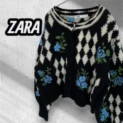 ZARA　ニットカーディガンボレロ　トップス　長袖　花柄　レディース　S　黒のサムネイル