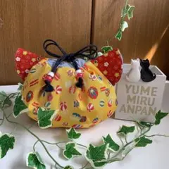和柄巾着　猫耳　浴衣　ちりめん　ハンドメイド