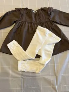 ダークブラウン ワンピース(90cm)と白レギンス(85cm)セット