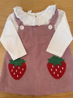 いちご刺繍コーデュロイジャンパースカートとTシャツセット